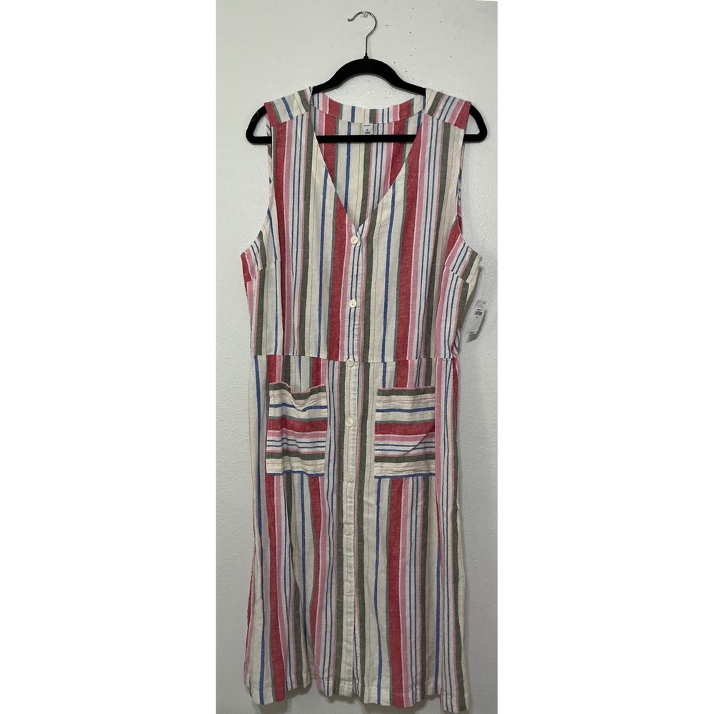 Old Navy Stripe Sleeveless Button Front Dress Linen Blend Pockets Size XL Beachy